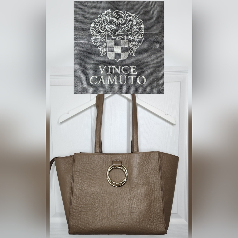 Vince Camuto Livy Taupe Tan Leather Tote Shoulder Bag with Gold Accents